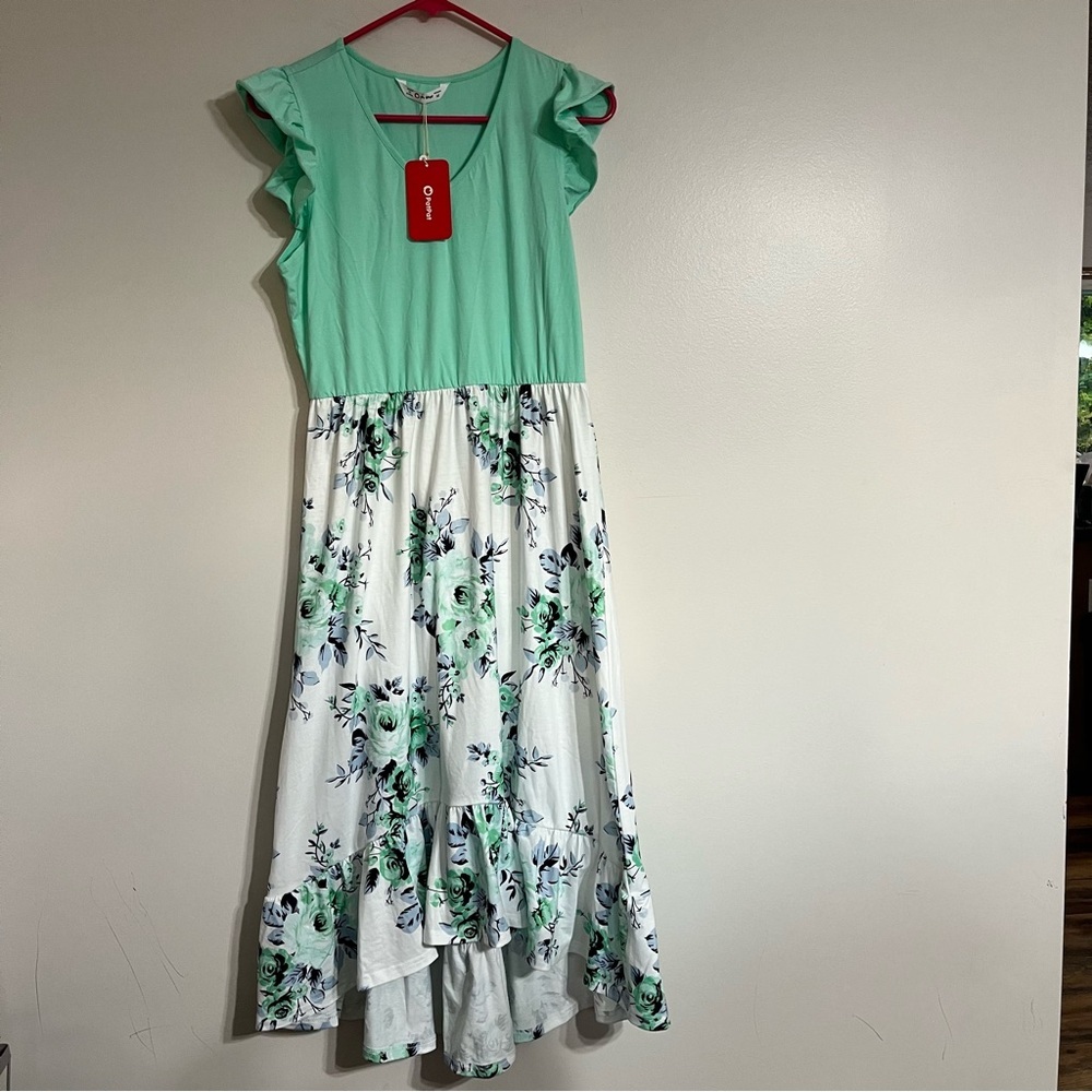 NWT Womens PatPat Ruffle Sleeve Hi-Lo Floral Print Teal White Dress Size Medium
